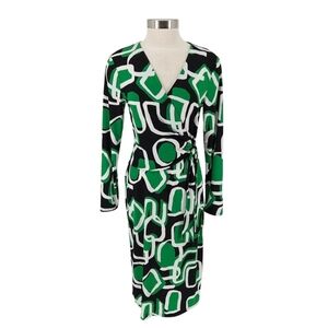 CATO Wrap Midi Dress Fern Green Retro Print Long Sleeve V Neck Tie Medium